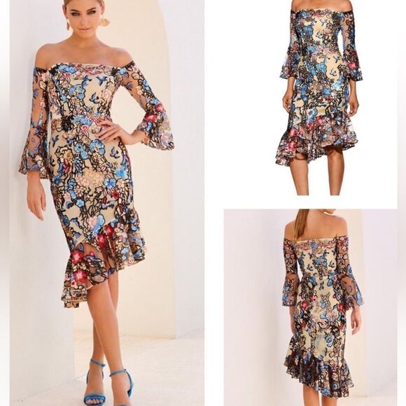 NWT Alexia AdmorMulti Sequined Embroidered Off
Shoulder Midi Dress Size 4 NWT - Picture 2 of 13